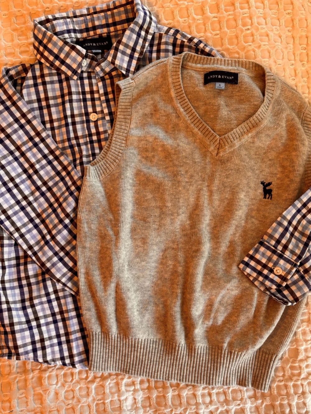 Andy & Evan Gray V-Neck Sweater Vest with Blue Plaid Shirt